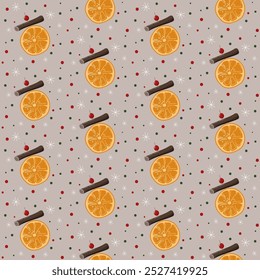 Vector Christmas dried orange with cinnamon and snowflake hand drawn craft seamless pattern.
