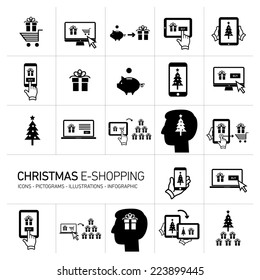 Vector christmas electronic online shopping business and technology icons set | flat design black pictograms isolated on white background
