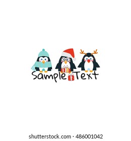 Vector Christmas element for design. Cartoon art for holiday logo, logotype, sign, banners, icons, emblem. Flat cute style. Funny penguins in Santa Claus, Deer, winter outfits. White background 