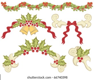 Vector christmas elements with ashberry on white for design