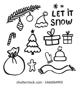 Vector Christmas elements for card, banner, poster. Vector candy cane, Christmas tree, hat, scarf, mittens, bag, gingerbread man, gift, bag, Christmas tree decorations, snowflake, star. Let it snow. 