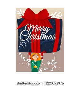 vector christmas elf boy holding present box with red ribbon bow above head smiling with merry christmas inscription. Christmas new year holiday design with fairy character in hat, green costume