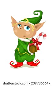 Vector Christmas elf with candy on white background. Beautiful charater for your christmas projects.