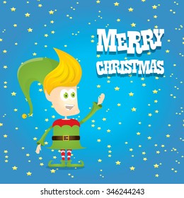 vector Christmas elf . merry christmas greeting card or xmas background with cartoon elf and night star sky