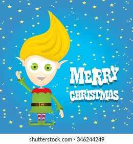 vector Christmas elf . merry christmas greeting card or xmas background with cartoon elf and night star sky