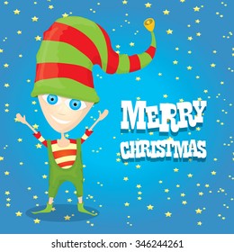 vector Christmas elf . merry christmas greeting card or xmas background with cartoon elf and night star sky