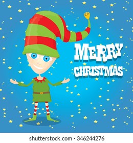 vector Christmas elf . merry christmas greeting card or xmas background with cartoon elf and night star sky