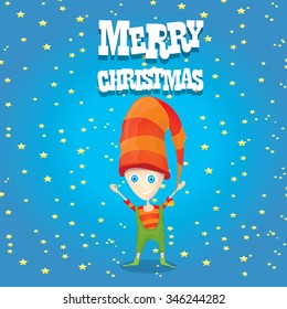 vector Christmas elf . merry christmas greeting card or xmas background with cartoon elf and night star sky