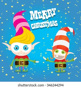 vector Christmas elf . merry christmas greeting card or xmas background with cartoon elf and night star sky