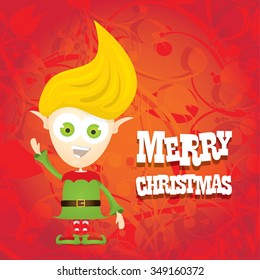 vector Christmas elf . merry christmas greeting card or xmas background with cartoon elf and night star sky
