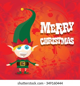 vector Christmas elf . merry christmas greeting card or xmas background with cartoon elf and night star sky