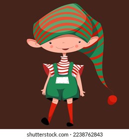 Vector Christmas elf in a striped long hat, green overalls and red long red socks stands, smiles.