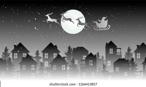 vector christmas eve illustration, santa claus flying over rooftops in sleigh with reindeers, moonlight and snowfall