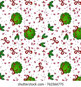 Vector Christmas evergreen kissing ball tree decoration. Mountain Meadow with red bow and holly berry leaves. Winter plant bouquet. New Year holidays decorations. 