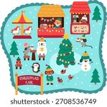 Vector Christmas fair landscape. Holiday market scene with cute animals, birds drinking coffee, merry-go-round. New year village background for kids with sweet stand with elf