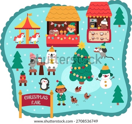 Vector Christmas fair landscape. Holiday market scene with cute animals, birds drinking coffee, merry-go-round. New year village background for kids with sweet stand with elf