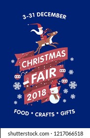 Vector Christmas Fair poster template. Xmas fair event advertising banner with Santa Claus, snowman, deer  and other ornament elements