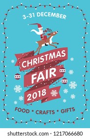 Vector Christmas Fair poster template. Xmas fair event advertising banner with Santa Claus, deer and other ornament elements