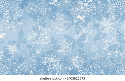 Vector christmas  fantasy hand drawn seamless pattern with snowflakes and butterflies  on a blue gradient background