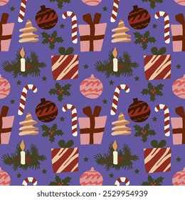 Vector Christmas festive background, hand drawn seamless pattern.