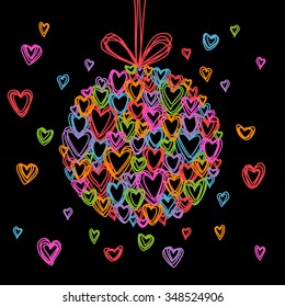 Vector Christmas festive decoration of small hearts of doodles. Original greeting card. Hand drawn background on black board. Decorative illustration in childish style