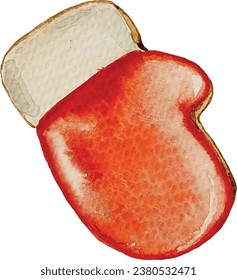 Vector Christmas festive gingerbread biscuit in the shape of mitten with red and white icing homemade watercolor drawing