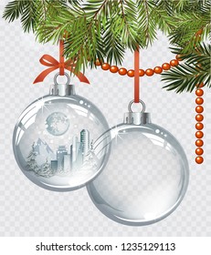 Vector Christmas fir tree with realistic and transparent silver Christmas balls on a light abstract background