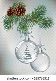 Vector Christmas fir tree and realistic transparent silver Christmas ball on a light abstract background