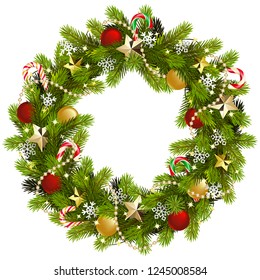 Vector Christmas Fir Wreath with Golden Stars isolated on white background