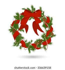 vector christmas firry wreath with red ribbon, bow, beads, bolls and bumps