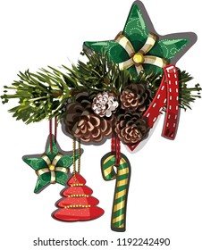 Vector Christmas fir-tree branches. Beautiful evergreen decor of Xmas tree branches with Christmas tree decorations  - stars, sweets and fir cones.  Vector isolated decorative element