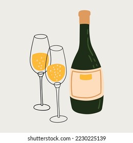 Vector Christmas flat celebrating at home illustration. Hand painted Prosecco wine bottle and glasses. Cozy cute flat icon premade poster composition