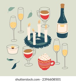 Vector Christmas flat celebrating at home drinks illustration. Hand painted Prosecco wine bottle and glasses. Cozy cute flat icon premade poster composition with glasses, bottle and wreath