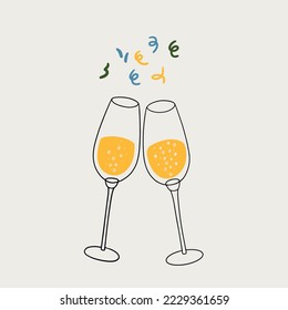 Vector Christmas flat celebrating illustration. Hand painted Prosecco glasses. Cozy cute flat icon premade poster composition