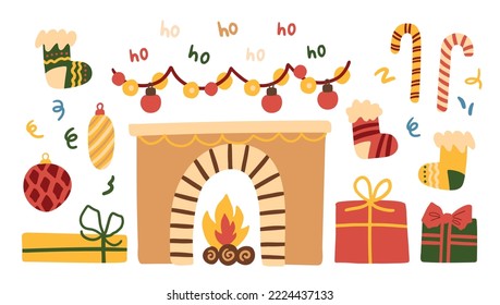 Vector Christmas flat decorations at home illustrations. Hand painted fireplace, socks, presents, candy canes . Cozy cute flat icon premade poster composition