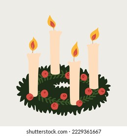 Decoración de Navidad vectorial en ilustraciones caseras. La corona pintada a mano con velas nuevas. Cómoda composición de afiches de icono plano prefabricado