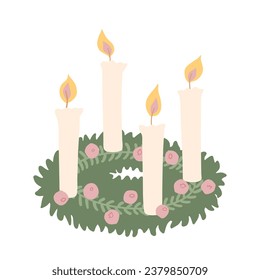 Vector Christmas flat decorations at home illustrations. Hand painted wreath with advent candles. Cozy cute flat icon premade poster composition