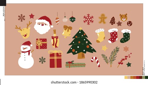 Vector of Christmas flat design elements.Hand drawn Xmas decorative items. 