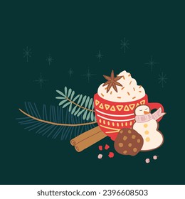 Vector Christmas flat hot drink and decorations at home illustrations. Hand painted hot chocolate with whipped cream, ginger bread and cinnamon stick. Cozy cute flat icon, greeting card
