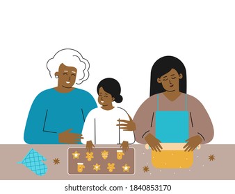 Vector Christmas flat illustration with copy space. Multi-generation african american family cooks tasty gingerbread biscuit at home. Grandma and happy little girl decorate cookies, mother rolls dough