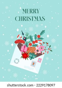 Vector Christmas flat illustration isolated on light background. Envelope with winter colorful decor. Bright Christmas toys, poinsettia, winter berries, Christmas tree branches. Vector design template