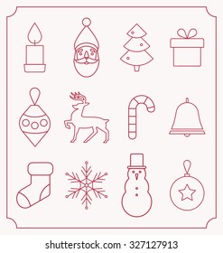 Vector Christmas flat minimalistic line icon set - Collection of 12 holiday themed line icon designs