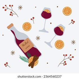 Vector Christmas flat winter drinks illustration. Mulled wine, bottle of red wine with cinnamon and orange and glasses. Cozy cute flat icon collection set