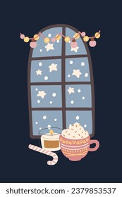 Vector Christmas flat winter window illustration. Hand painted lights garland, candles, candy cane, hot chocolate. Cozy cute flat icon premade poster composition