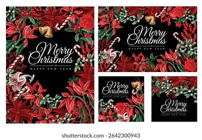 Vector Christmas floral card set with red flowers and candy
