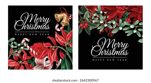 Vector Christmas floral card set with red flowers and candy