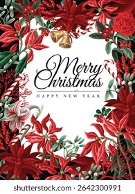 Vector Christmas floral card set with red flowers and candy