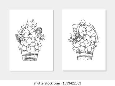 vector christmas floral decoration amarilis cone berry in basket coloring book outline illustration