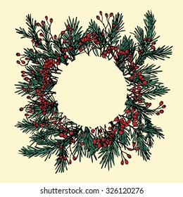 Vector Christmas floral round frame. Hand drawn circle frame made of hawthorn and pine branches. Beautiful Christmas floral design.