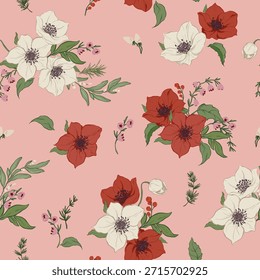 Navidades de Vector patrón floral sin fisuras de la flor de Pascua, hojas y bayas. Composición vintage dibujada a mano sobre fondo rosa. Ilustración para diseño, impresión, tela o fondo.